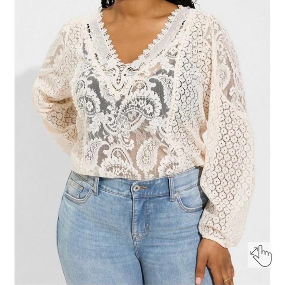 Torrid Women's Ivory Lace Long Sleeve Sheer V-Neck Paisley Blouse Top